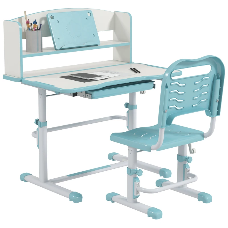 ZONEKIZ Ensemble Bureau pour Enfants avec Chaise Réglable en Hauteur et Plateau Inclinable, Âge 6-12 Ans, Bleu