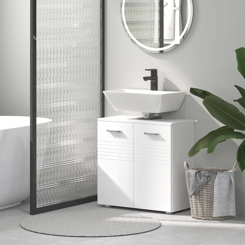 kleankin Meuble Sous Lavabo à 2 Portes, Armoire Gain de Place pour Lavabo en Bois avec Tablette Réglable, Blanc Brillant