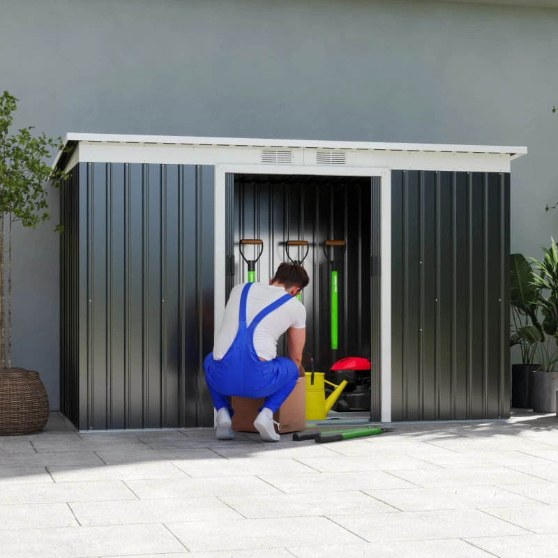 Outsunny 9ft x 4ft Corrugated Garden Metal Storage Shed Outdoor Equipment Tool Box with Foundation Ventilation & Doors Dark Grey(m-2)