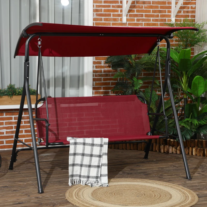 Outsunny Balancelle de Jardin 3 Places en Acier avec Toit Parasol en Polyester, 172x110x153 cm, Rouge et Noir