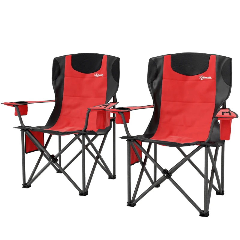 Outsunny Set 2 Chaises de Camping Pliantes avec Sac Isotherme, Porte-Gobelet et 2 Poches, 94x62x100 cm, Rouge
