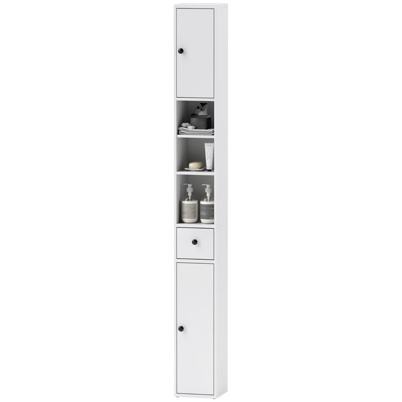HOMCOM Colonne de Salle de Bain Gain de Place avec 2 Armoires, 3 Étagères Ouvertes et Tiroir, en Bois, 20x20x178 cm, Blanc