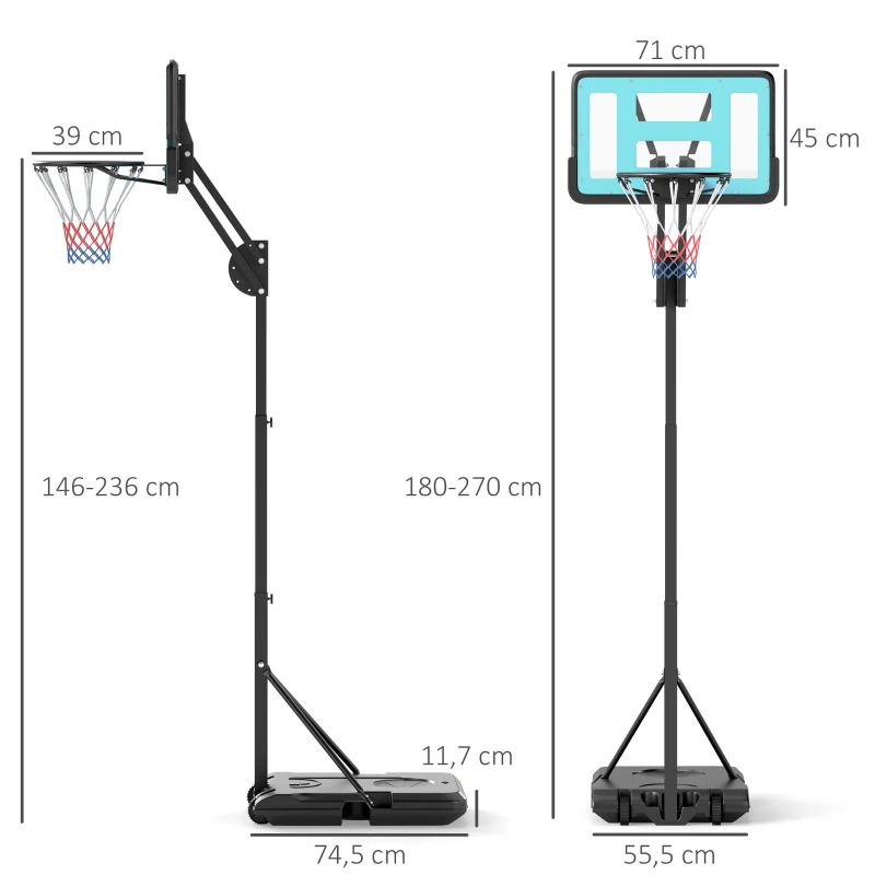 SPORTNOW Panier de basket, réglable en hauteur de 146 à 236 cm, support de basket, à roulettes, en acier, plastique, noir
