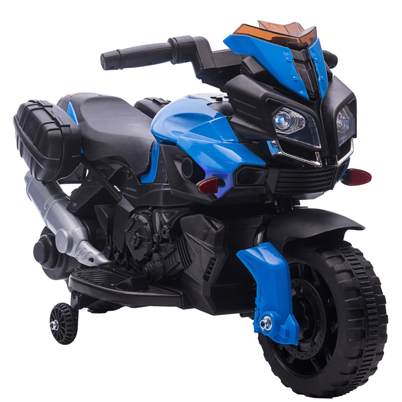 HOMCOM Moto électrique Enfant 6 V 3 Km/h Effet Lumineux et sonore roulettes Amovibles Repose-Pied valises latérales métal PP Bleu Noir(m-11)