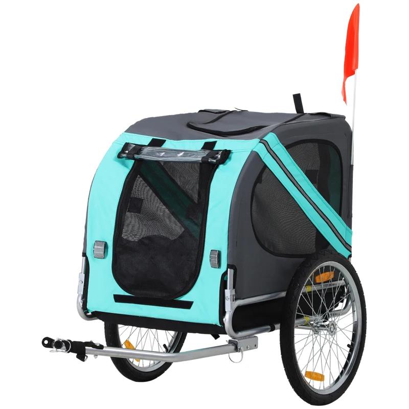 PawHut Remorque pour Animaux, Remorque pour Chien, Remorque à Vélo, Pliable, Housse de Pluie, Acier, Gris+Vert, 130 x 73 x 90 cm