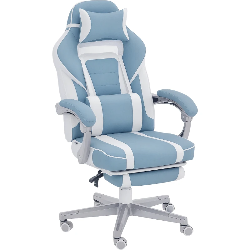 HOMCOM Silla Gamer Reclinable con Altura Ajustable Reposapiés Retráctil Soporte Lumbar y Reposacabezas Desmontable Azul