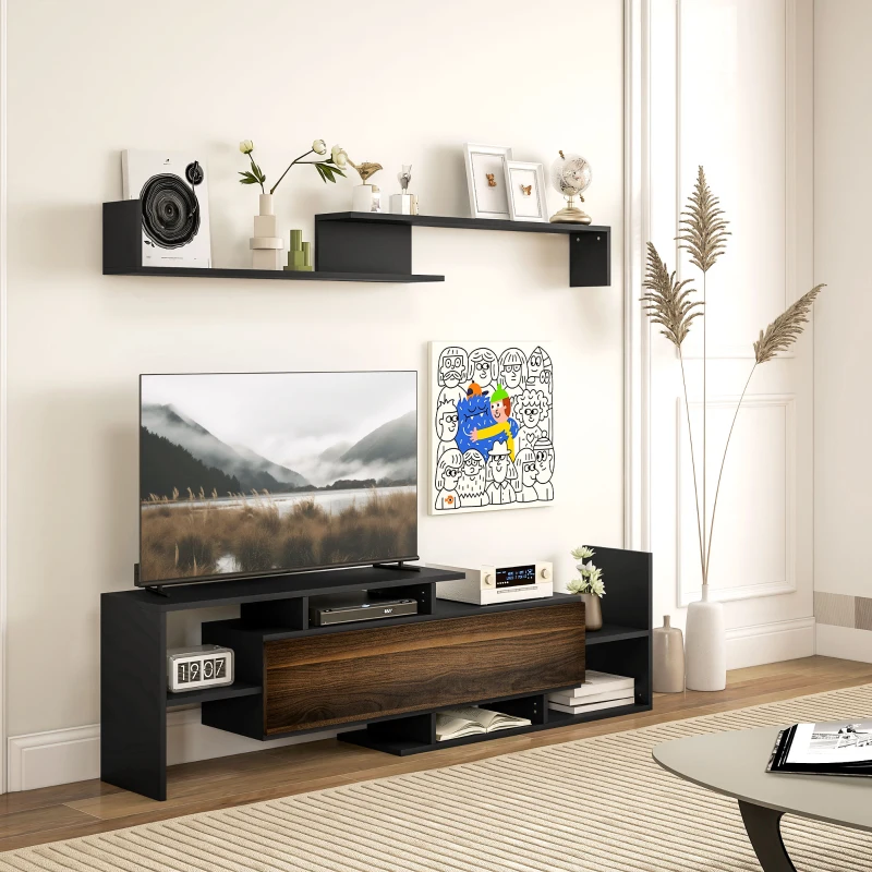 HOMCOM Meuble TV avec Étagère Murale, Étagères Ouvertes et Armoire en Bois, Noir et Marron