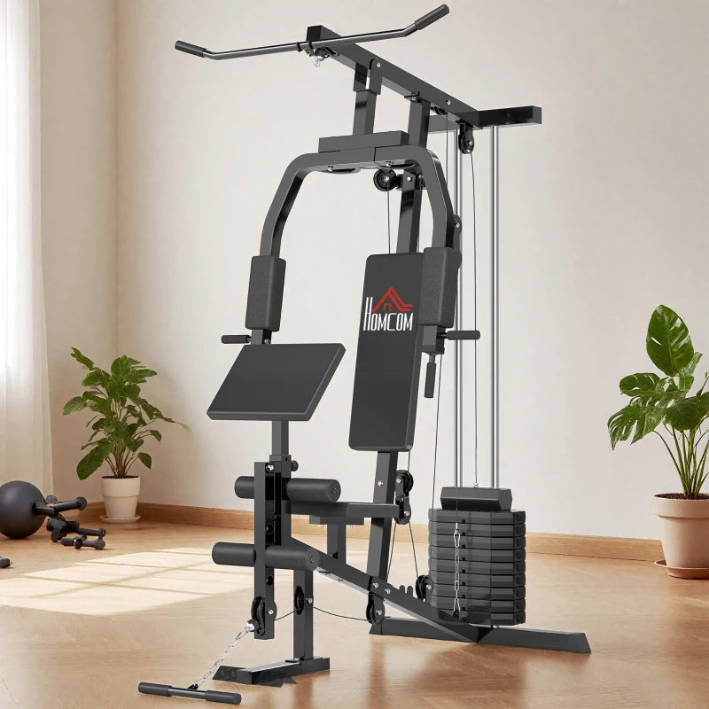 HOMCOM Multiestación Máquina de Musculación con Estribo para Piernas Poleas y Placas de Peso de 45 kg para Entrenamiento Fitness en Hogar Gimnasio 148x108x207 cm Negro