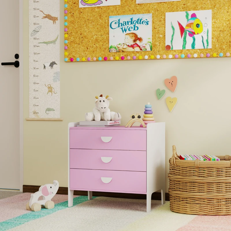 AIYAPLAY Kinder commode met 3 lades, MDF, opbergkast voor kinderen, Roze + Wit