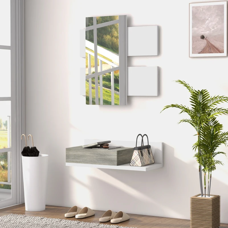 HOMCOM Meuble d'Entrée 2 en 1 avec Miroir Mural 75x3.5x75 cm et Tiroir 75x30.5x20 cm, Gris et Blanc