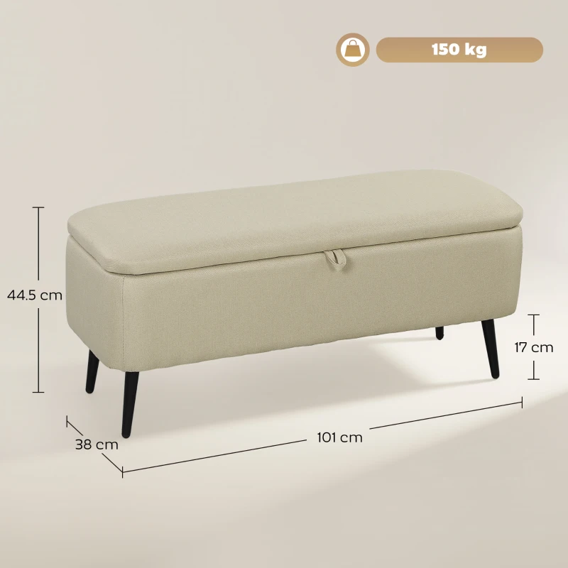 HOMCOM Banco de Armazenamento Estofado em Linho com Tampa Abatível e Pés de Aço Carga Máxima 150kg 101x38,5x44,5 cm Bege