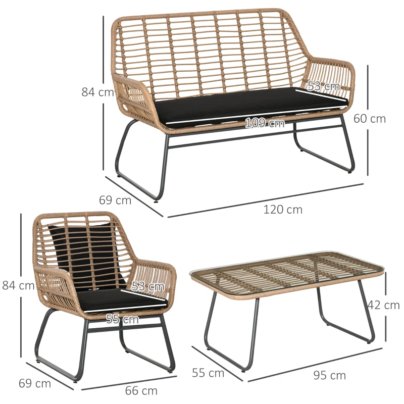 Outsunny Set Mobili da Giardino Stile Boho in Rattan PE con 2 Poltrone, Divanetto e Tavolino