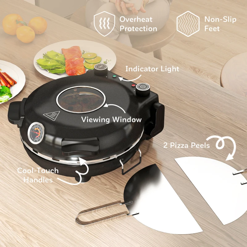 HOMCOM Elektrische Pizzaoven 430 ℃, 1200 Watt Pizzabakker met 30 cm Steenplaat, Timer, Zichtvenster, Roestvrij staal Zwart(m-7)