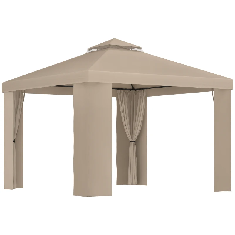 Outsunny Gazebo da Giardino 3x3m in Metallo con Zanzariera e Tetto a 2 Livelli in Poliestere Cachi