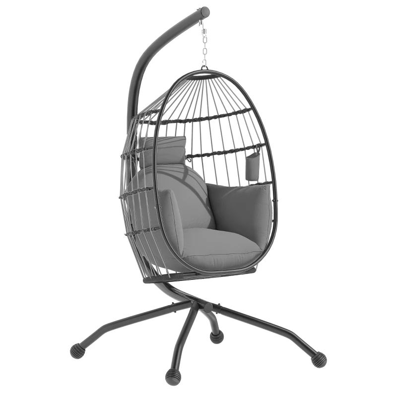 Outsunny Cadeira Suspensa com Suporte Cadeira Baloiço de Jardim com Cesto Dobrável Almofada e Apoio para a Cabeça 120x88x192 cm Cinzento