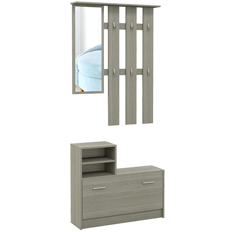 HOMCOM Set Mobilier d'Entrée avec Porte-Manteau, Miroir, Banc avec Étagère et Meuble à Chaussures pour 8 Paires de Chaussures, Gris