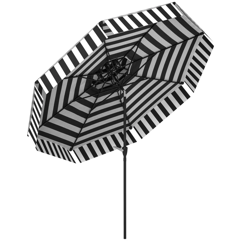 Outsunny Chapéu de Sol para Jardim Ø263 cm Chapéu de Sol de Exterior com Ângulo Ajustável e Manivela Proteção UV30+ Preto e Branco