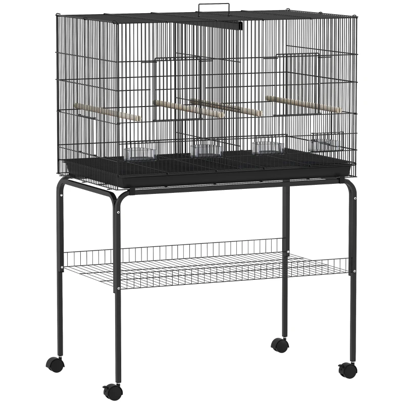 PawHut Cage pour Oiseaux avec Séparateur Mangeoires Plateau Amovible et Support pour Canaris et Perruches 94x57x57/128 cm Noir
