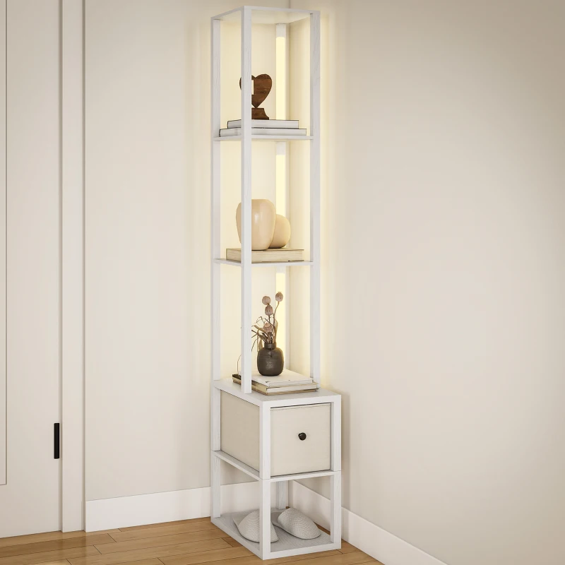 HOMCOM Lampada da Terra Moderna con Ripiani Aperti Cassetto di Tessuto e Interruttore a Pedale per Camera da Letto Soggiorno Bianco