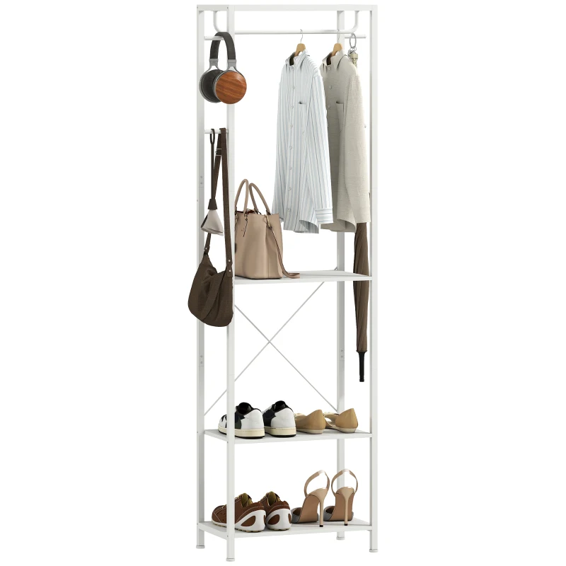 HOMCOM Appendiabiti con Scarpiera a 2 Livelli, Barra Appendi Abiti, 4 Ganci, Mensola Superiore, 52x30x180 cm, Bianco