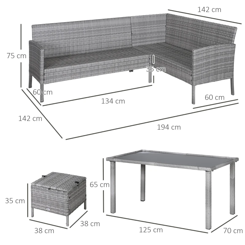 Outsunny 6-Seater Rattan Dining Set Sofa Table Footstool Outdoor w/ Cushion Garden Furniture