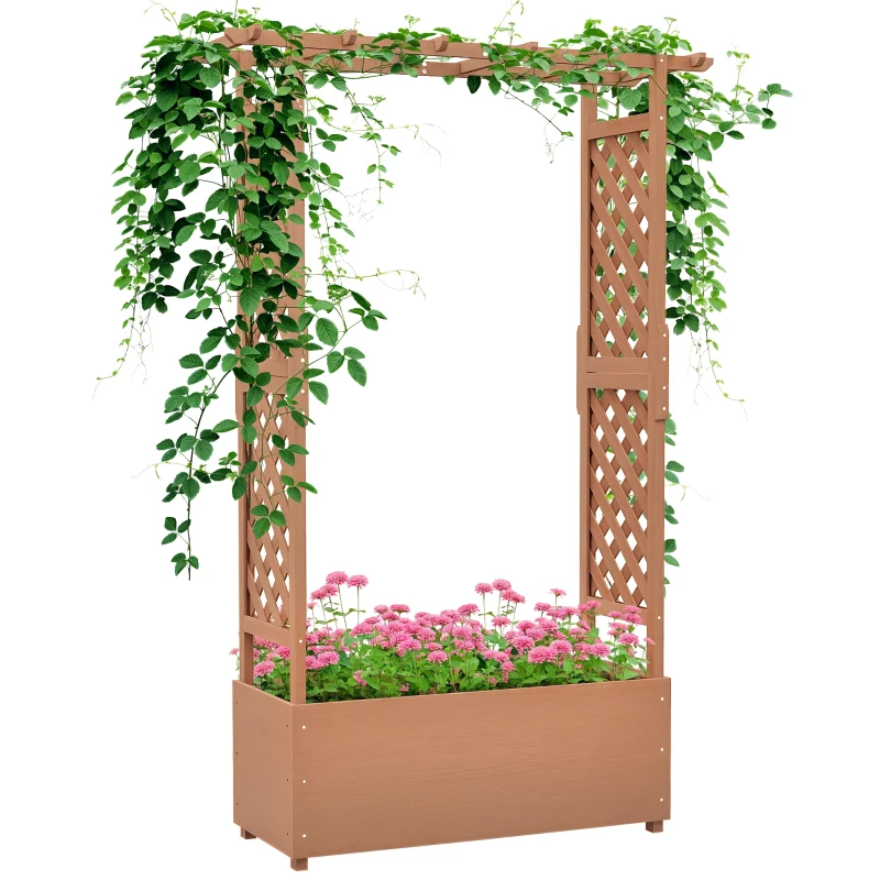 Outsunny Strat de Grădină Înălțat cu Grilaj și Acoperiș, Jardinieră din Lemn pentru Plante Cățărătoare, 112x41x180 cm, Maro