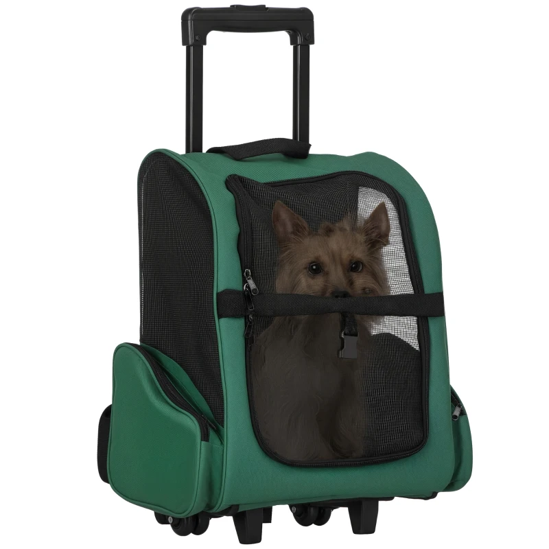 PawHut Trasportino Zaino 2 in 1 per Cani e Gatti con Tasche Laterali, Maniglia Telescopica e Ruote, 42x25x55cm, Verde