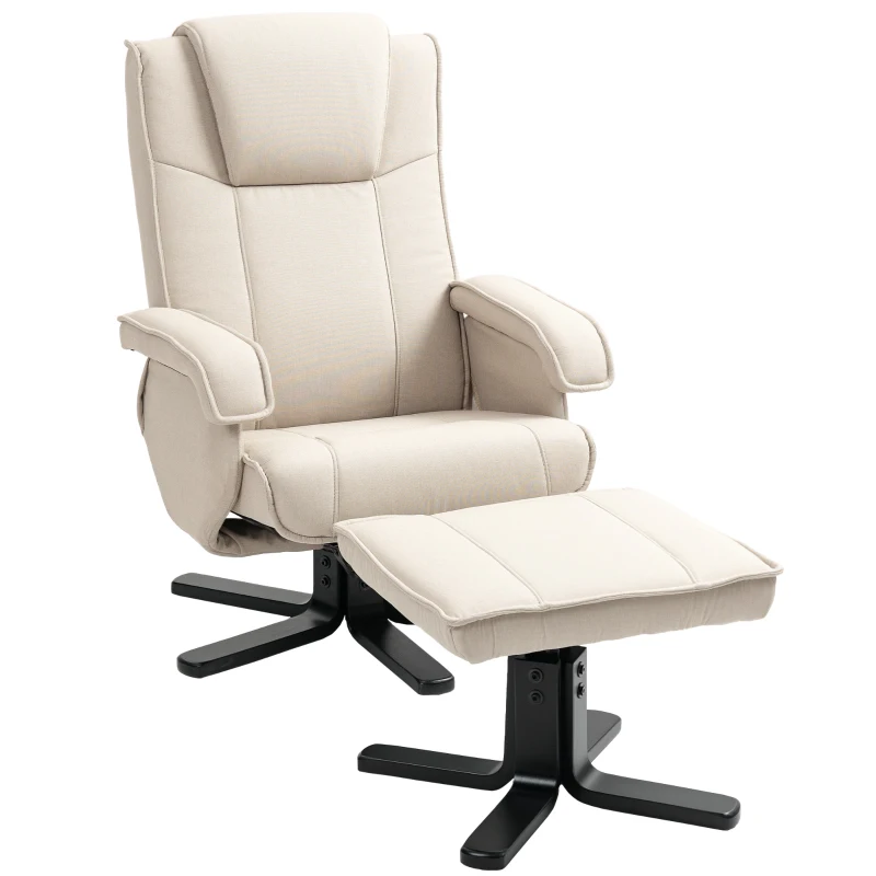 HOMCOM Fauteuil Relax Inclinable avec Repose-Pieds Pivotant Revêtement en Lin avec Base en Bois Beige