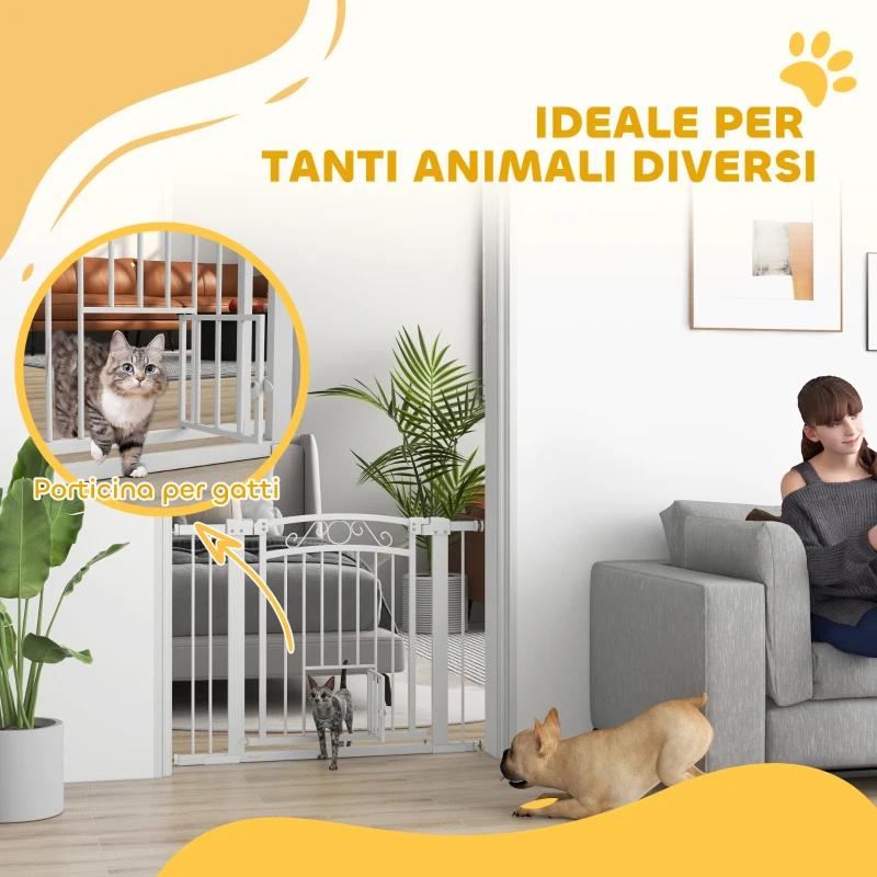 PawHut Barrière pour Chiens Réglable avec Extensions, Porte pour Chats et Ouverture à Une Main, 76-104x77cm, Blanc
