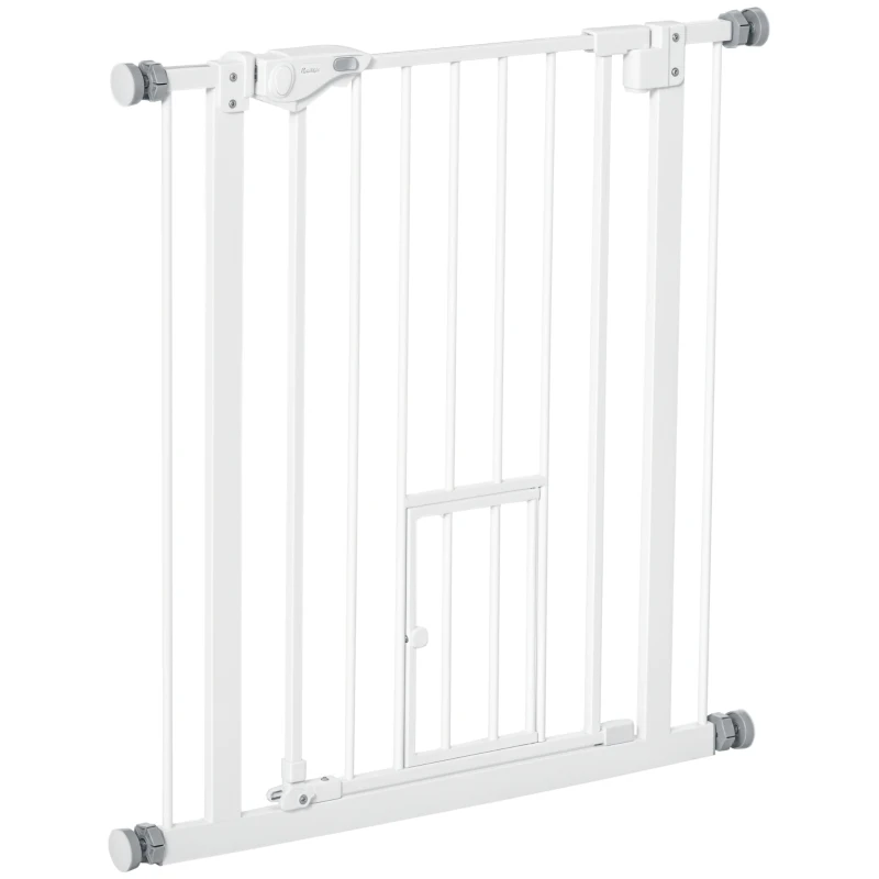 PawHut Barrera de Seguridad Extensible con Puerta Pequeño Cierre Automático y Sistema de Doble Bloqueo 74-80x76,2 cm Blanco