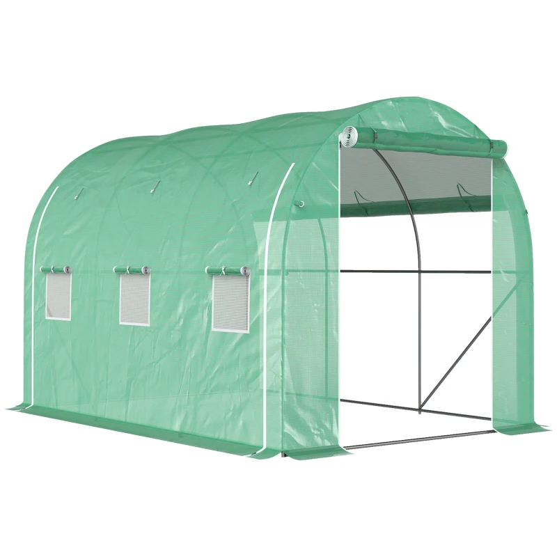 Outsunny Estufa de Jardim em Túnel 6 ㎡ 3x2 m com 1 Porta 2 Paredes Laterais com Fecho de Correr Zippée 6 Janelas Verde