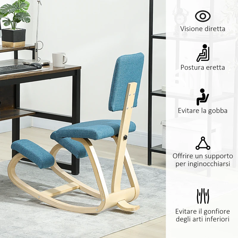 HOMCOM Sedia Inginocchiatoio Dondolante in Tessuto Effetto Lino e Legno di Betulla, 51x84x93 cm, Blu Scuro