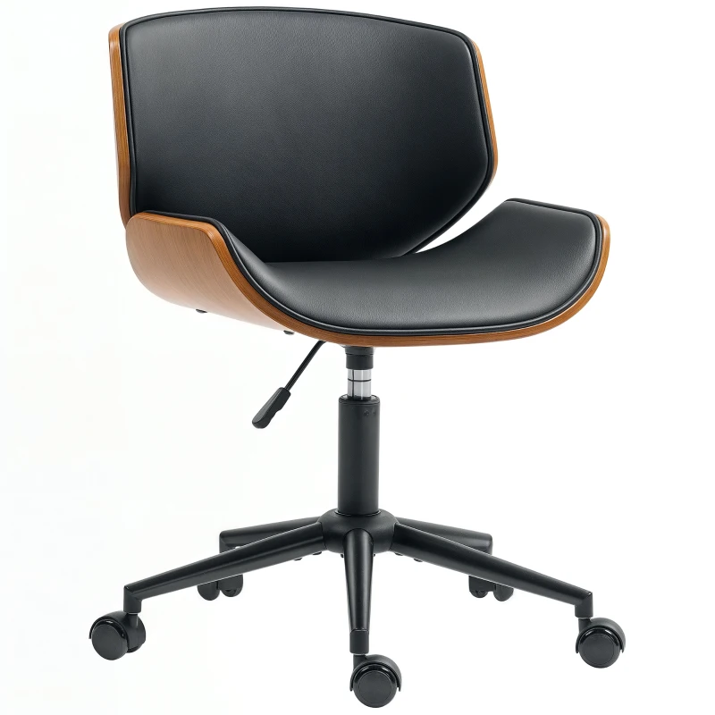 HOMCOM Cadeira de Escritório sem Braços Cadeira de Secretária Vintage Giratória Estofada em PU Altura Ajustável 52x54x74-84 cm Preto e Madeira