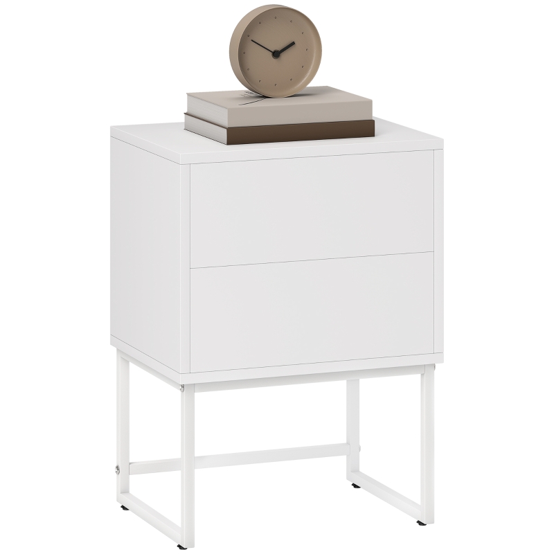 HOMCOM Table de Chevet Moderne à 2 Tiroirs avec Ouverture par Pression, Panneaux de Fibres de Bois et Acier, 40x30x50 cm, Blanc