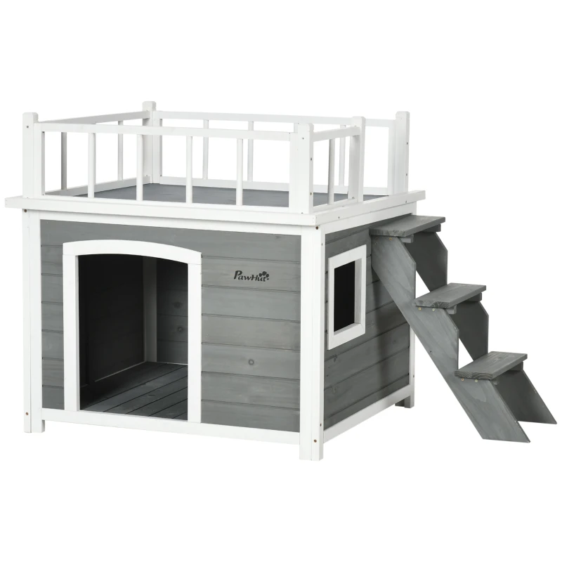 PawHut Cusca de exterior pentru caini cu balcon, scari, Cusca pentru caini rezistenta la intemperii cu picioare inaltate, ferestre, pentru caini de talie mica si medie