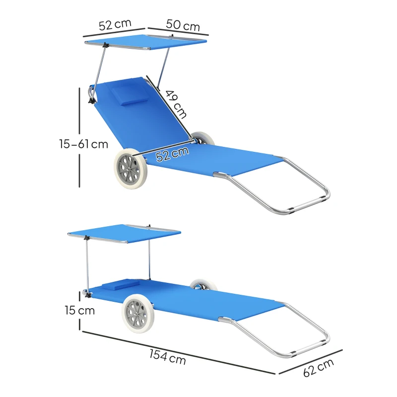 Outsunny Chaise longue de jardin pliante avec coussin de tête Auvent, Rouleau Chaise longue avec dossier inclinable Bleu