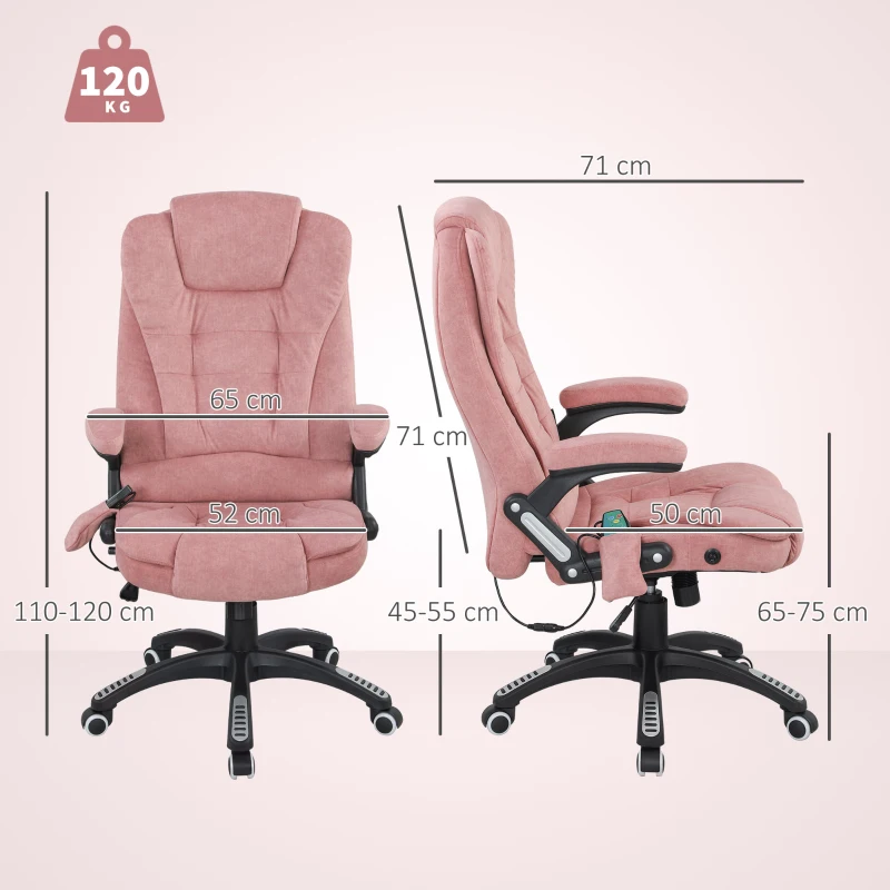 Vinsetto Cadeira de Escritório com 6 Pontos de Massagem Reclinável até 130° com Função de Aquecimento 65x71x110-120 cm Rosa