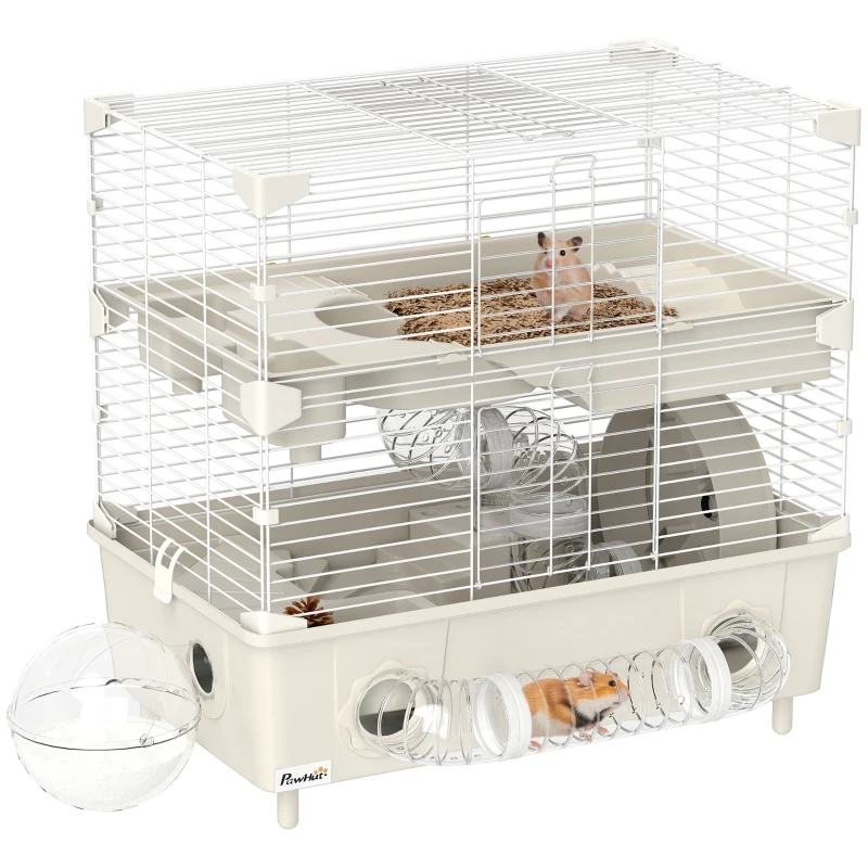 PawHut Cage à Hamster à 2 Niveaux et 3 Portes avec Roue et Tubes, en Acier, PS et PP, 44,5x28x44 cm, Crème et Blanc