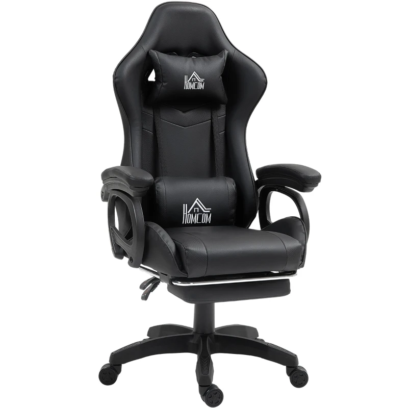 HOMCOM Chaise de Gaming Inclinable à 125° et Massante en Similicuir avec Repose-Pieds, 65x68x120-128 cm, Noir