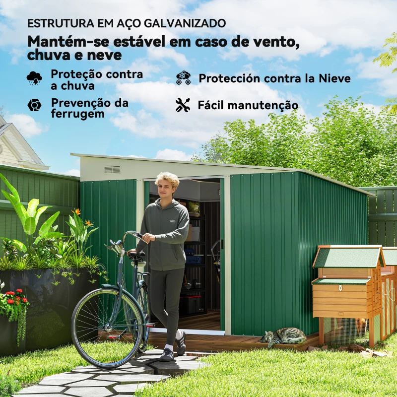 Outsunny Abrigo de Jardim 8,9 m² 280x345x201 cm Abrigo de Exterior de Aço para Armazenamento com Portas e 2 Janelas Verde