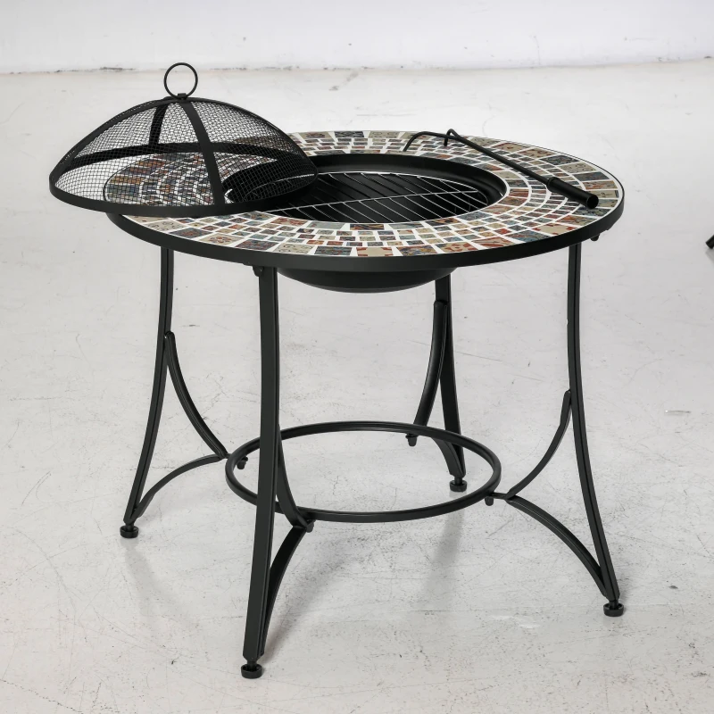Outsunny Braciere da Esterno 3 in 1 con Tavolino, Griglia e Attizzatoio, in Metallo e Ceramica, 75x75x60 cm