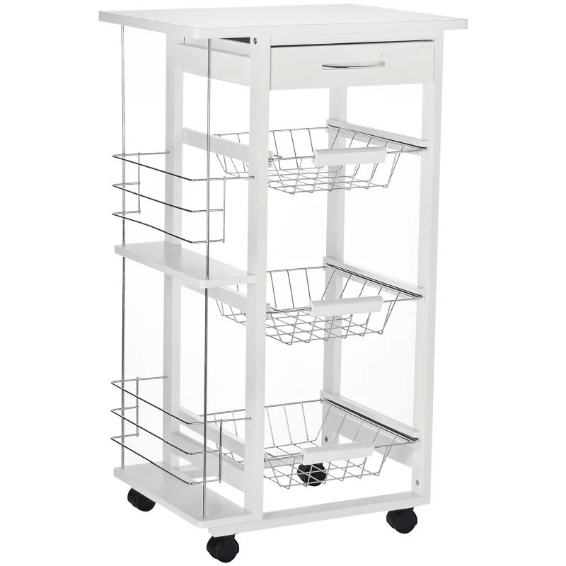 HOMCOM Chariot de service desserte de cuisine à roulettes multi-rangements 3 paniers métal tiroir + 2 range-bouteilles bois pin blanc