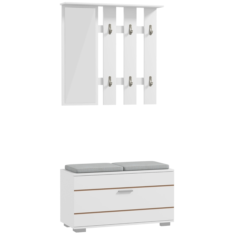 HOMCOM Set Meubles d'Entrée avec Porte-Manteau, Miroir, Banc avec Coussins et Meuble à Chaussures pour 8 Paires de Chaussures, Blanc