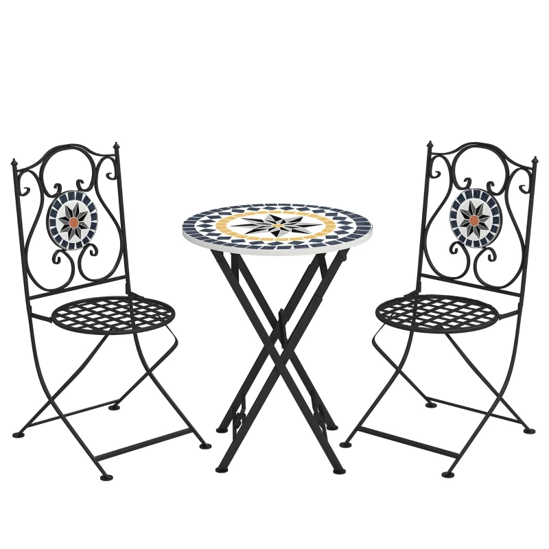 Outsunny Conjunto de Jardim de 3 Peças com Mesa Redonda Cadeiras Dobráveis e Desenho em Mosaico para Varanda Pátio Multicor