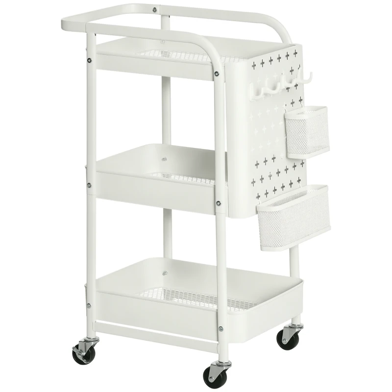 HOMCOM Carrinho de Cozinha com Rodas Carrinho de Armazenamento de 3 Níveis com 4 Ganchos 2 Cestas Alça de Transporte e Rodas com Freio para Casa de Banho Escritório Dormitório 51,5x32x75,6cm Branco