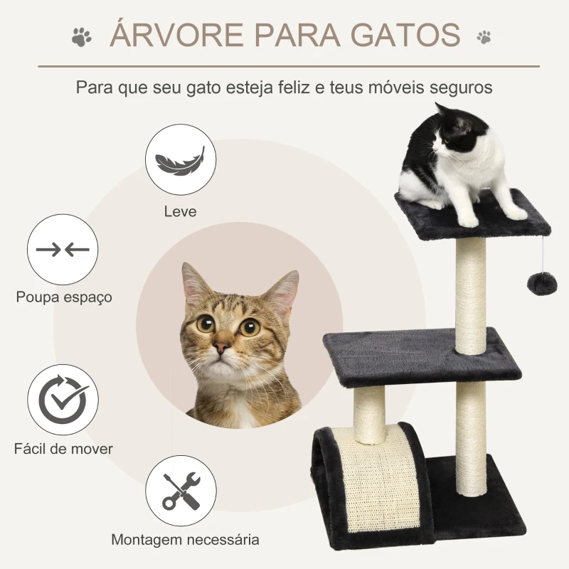 PawHut Arranhador para Gatos Médio de 3 Níveis  com Postes de Sisal Placa para Arranhar e Bola Suspensa 40x35x72 cm Cinzento Escuro