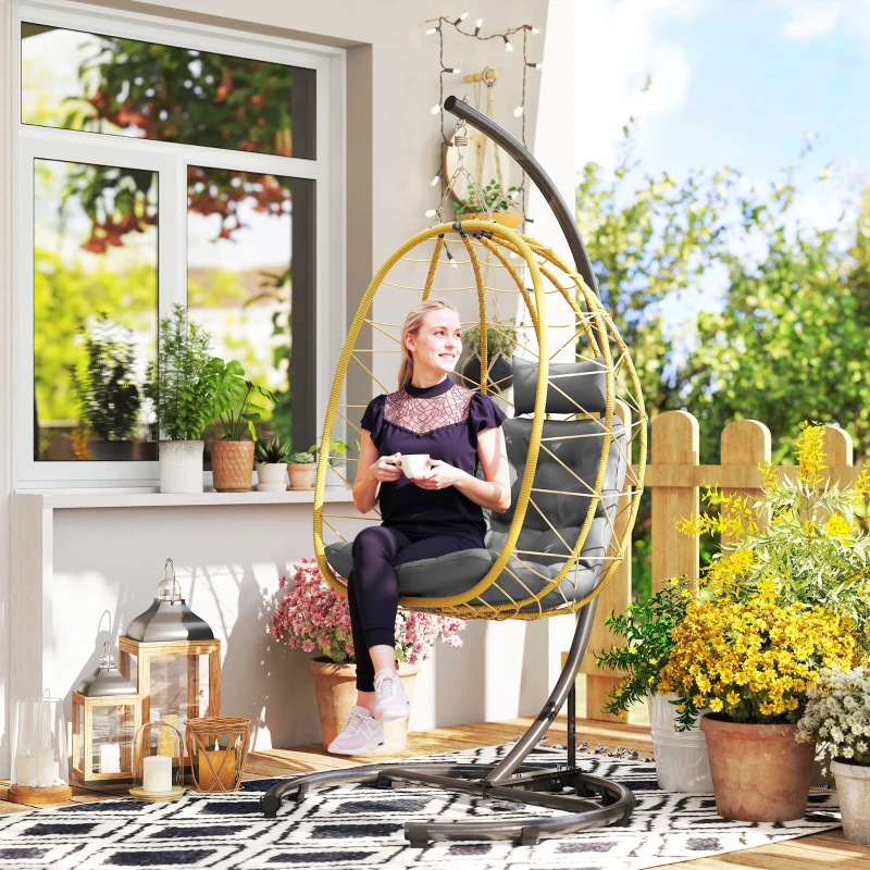 Outsunny Fauteuil Suspendu et Pliable avec Coussins, en Acier et Rotin PE, 102x102x195 cm, Noir Gris et Beige