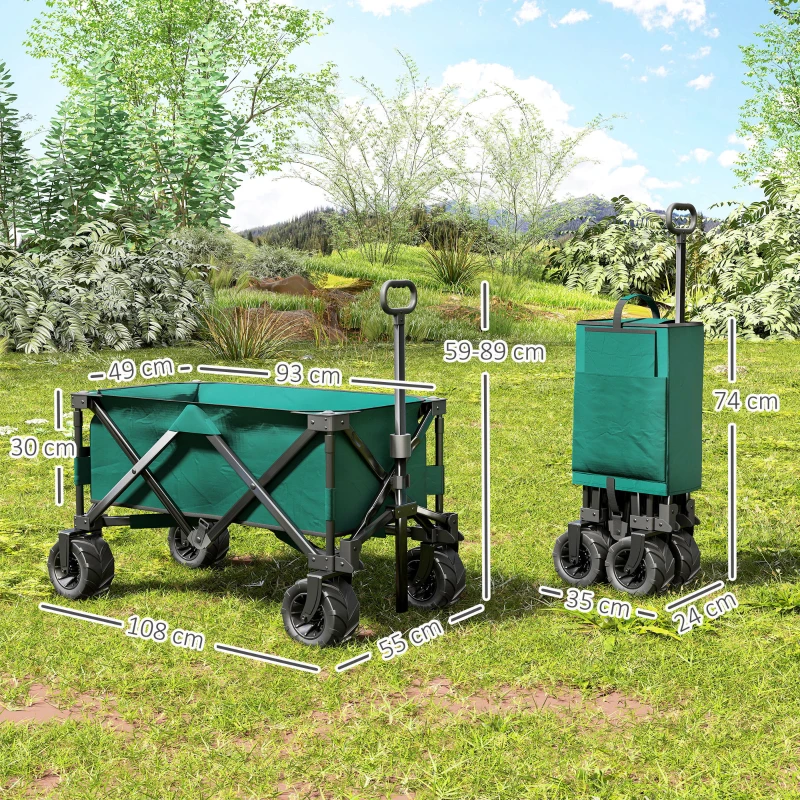 Outsunny Chariot de Jardin Pliable Chariot à Main 360° Chariot de Transport avec Poignée Télescopique Réglable Chariot de Plage jusqu'à 70 kg en Métal Oxford Vert 108 x 55 x 59-89 cm