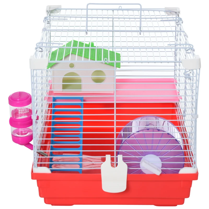 PawHut Cage pour Hamsters à 2 Niveaux en Métal et PP avec Maisonnette, Réservoir d'Eau et Roue, 47x30x27 cm