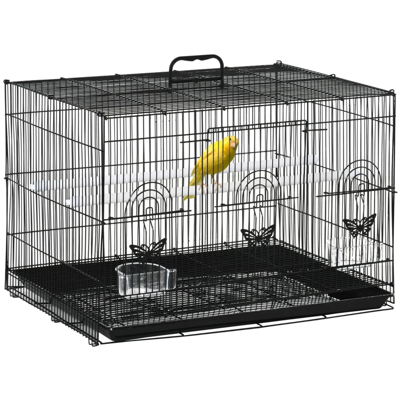 PawHut Cage pour Oiseaux avec 2 Perchoirs et 3 Entrées en Fil Métallique et Plastique, 60x41x41 cm, Noir